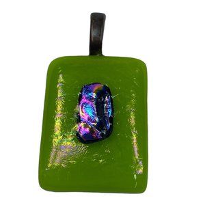 Art Glass Rectangle Shape Green Shade Pendant for Necklace Iridescent Center